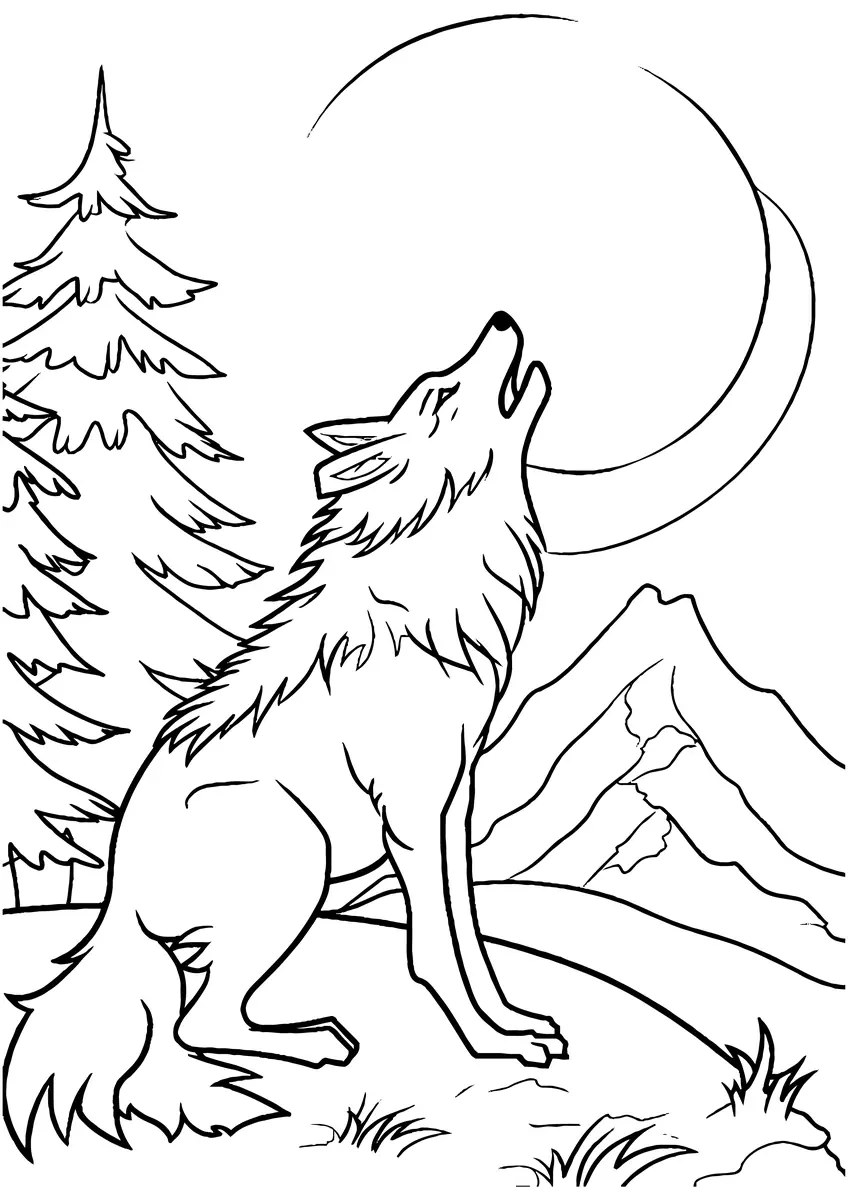 lobo aullando en un claro bajo la luna llena para colorear e imprimir