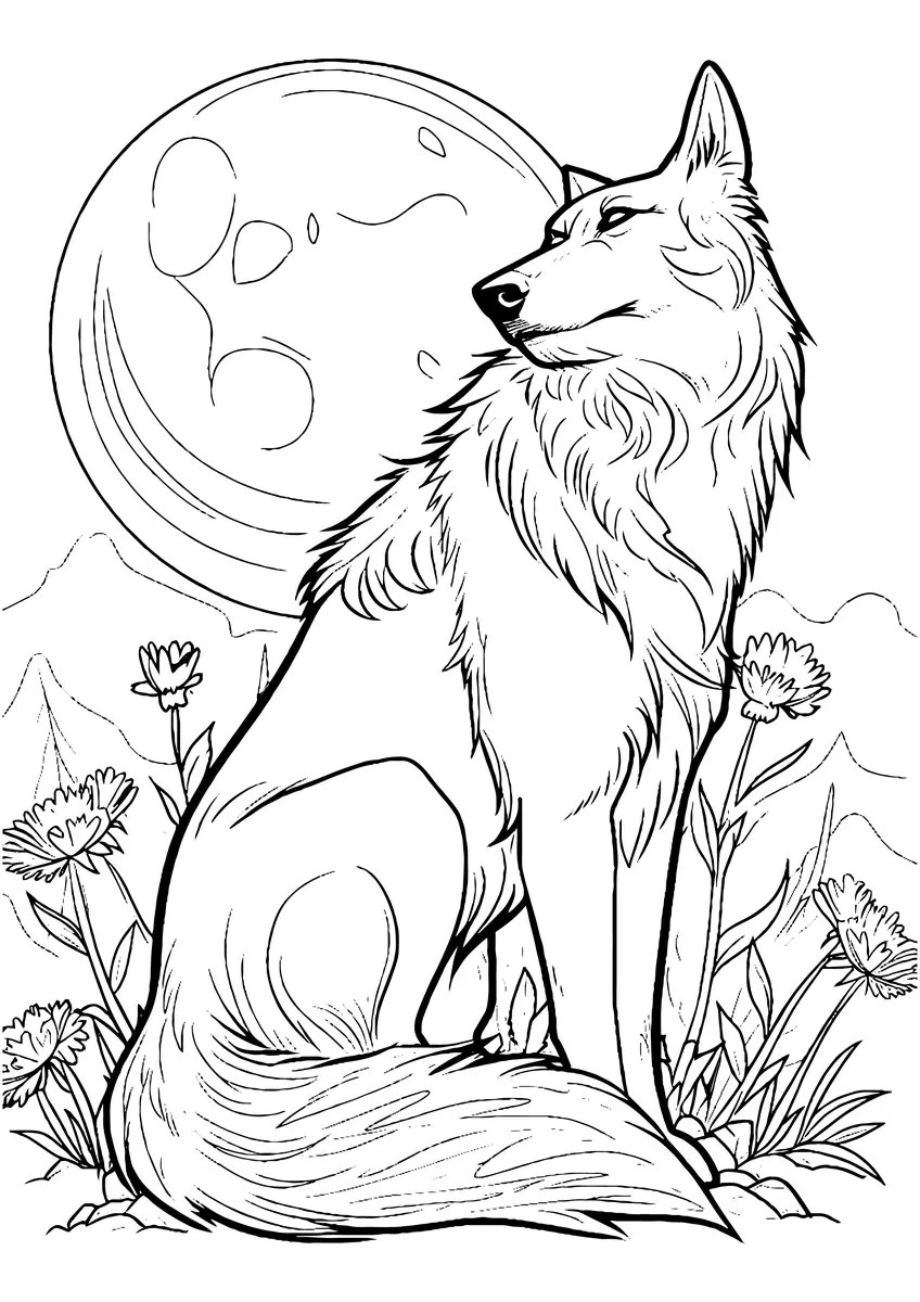 lobo sentado entre las flores silvestres frente a la luna llena para colorear e imprimir