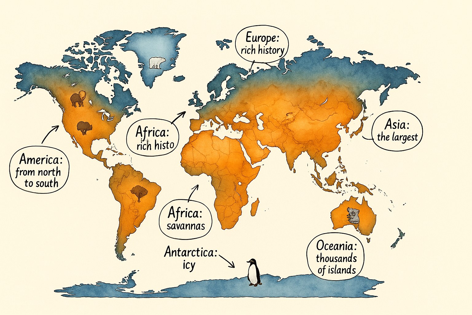 Colourful world map showing the six continents and their geographical features for kids
