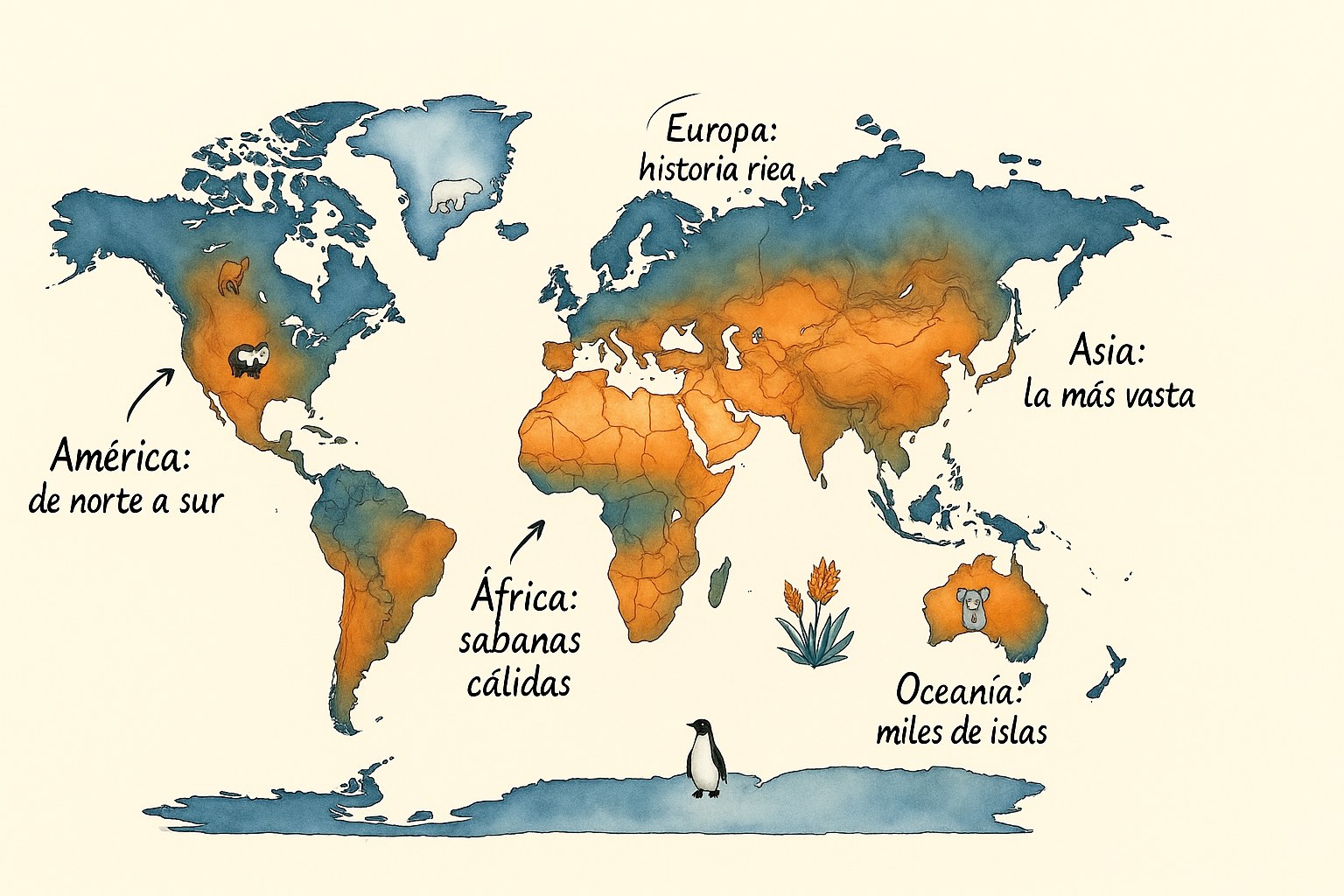 Mapamundi colorido que muestra los seis continentes y sus características geográficas para niños