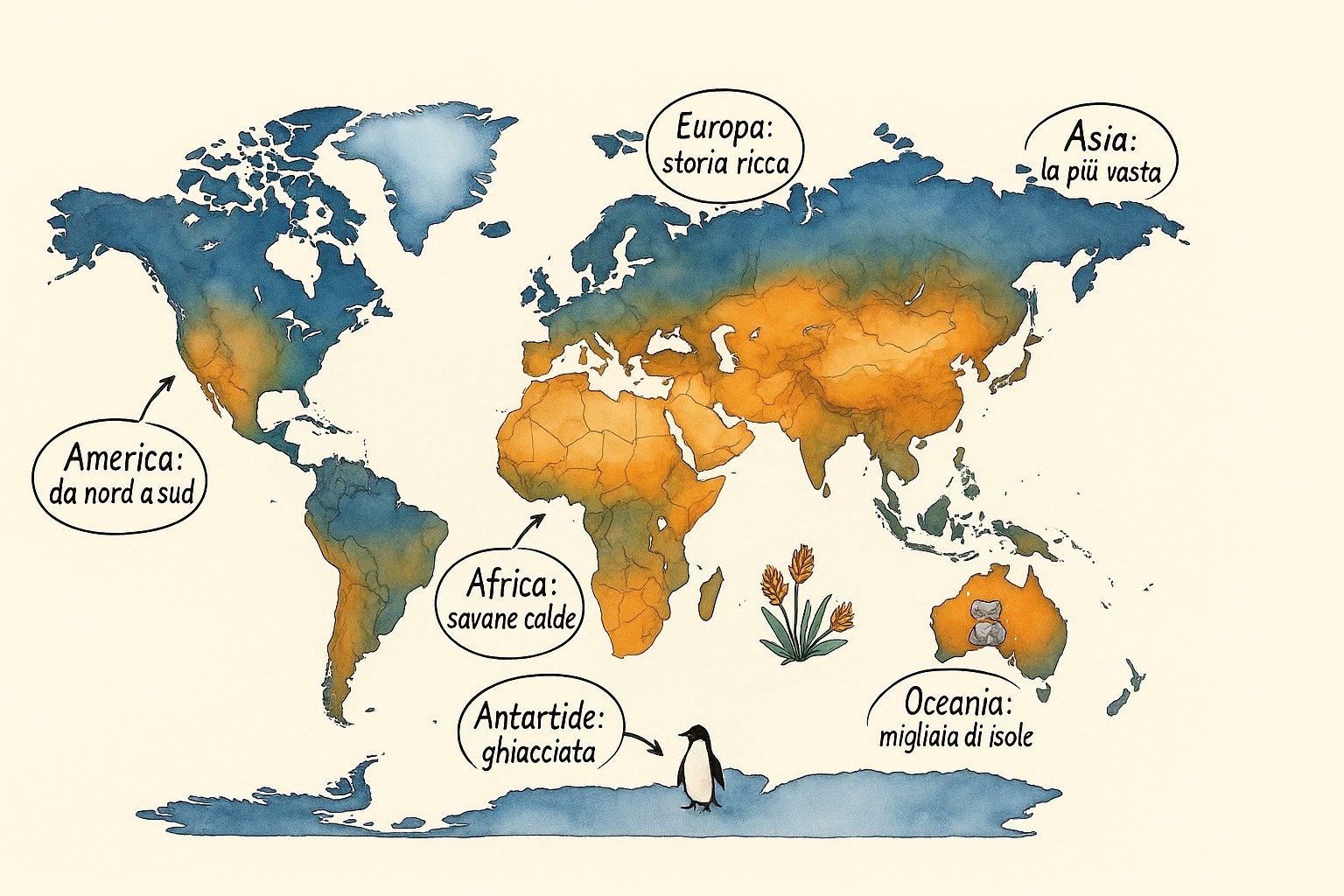 Mappa del mondo colorata che mostra i sei continenti e le loro caratteristiche geografiche per bambini