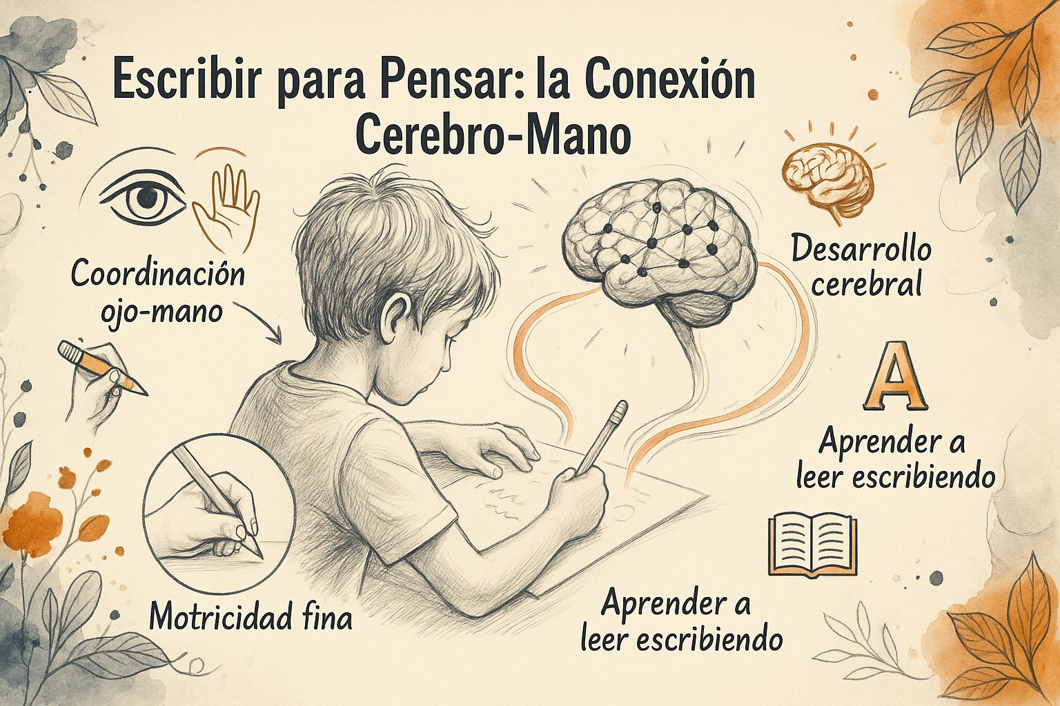 Niño que aprende a escribir con un bolígrafo en un cuaderno para estimular su cerebro
