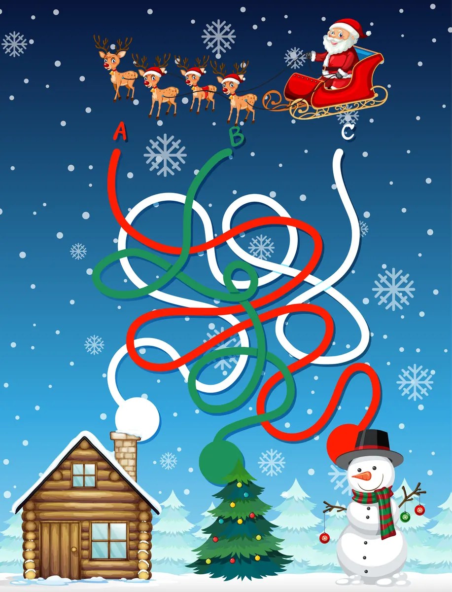 Christmas maze to print: follow the coloured paths A, B and C to the houses