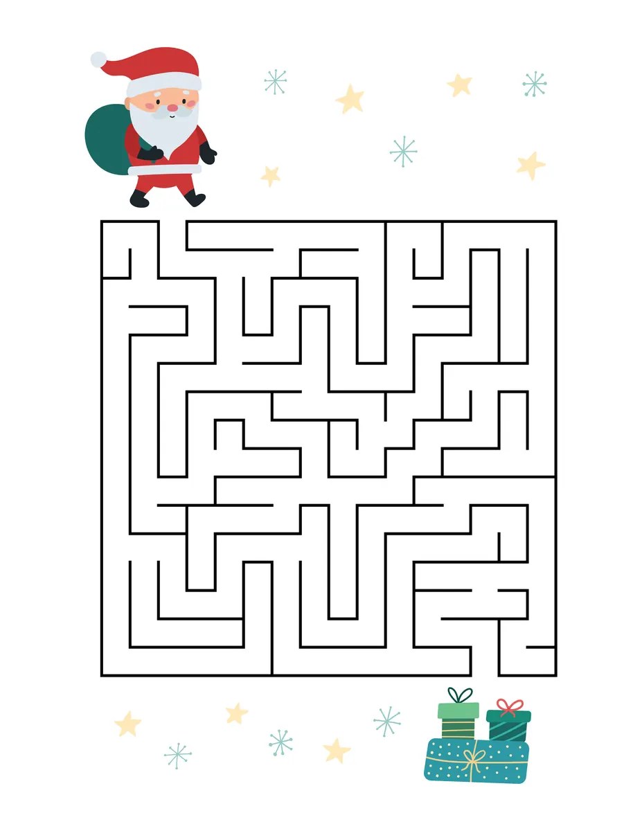 Christmas grid maze to print: help Father Christmas reach his presents